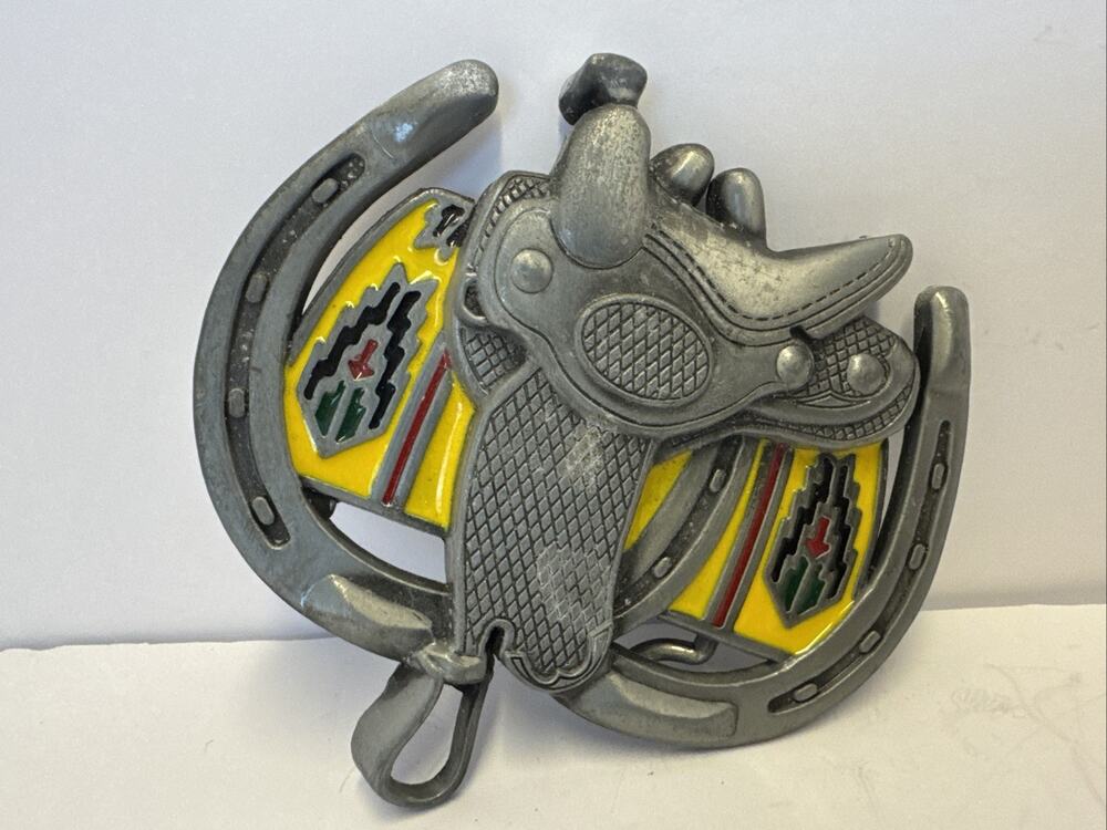 Vintage 1990 Saddle Horseshoes Belt Buckle Pewter Painted Enamel Western Cowboy